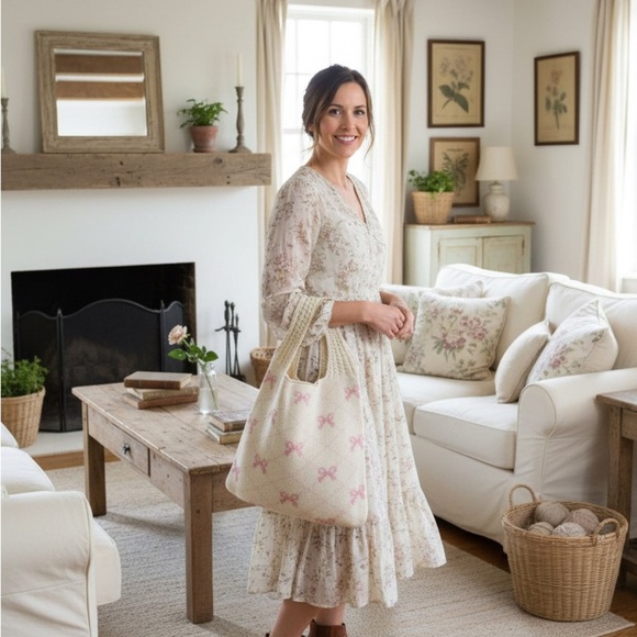 Saddleandsage Handbags - 🚨🚨SALE🚨🚨 Chic Cream and Pink Knit Tote Bag